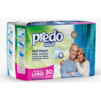 4 Baxuri Scutece adulti PREDO,prindere laterala cu scai, 9 PICATURI, 100-150 cm, Marime L, absortie rapida, 120 buc